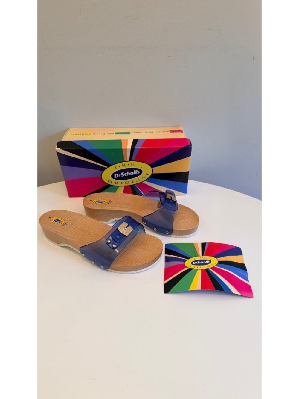 Dr Scholls Women Size 8 M Wood Exercise Clog Sandal Blue Vinyl Slide Shoe New